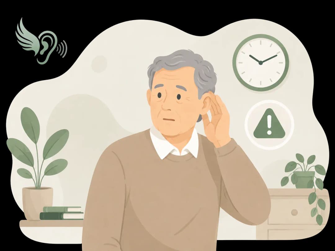 Homme inquiet touchant son oreille avec un symbole d’alerte et une horloge
